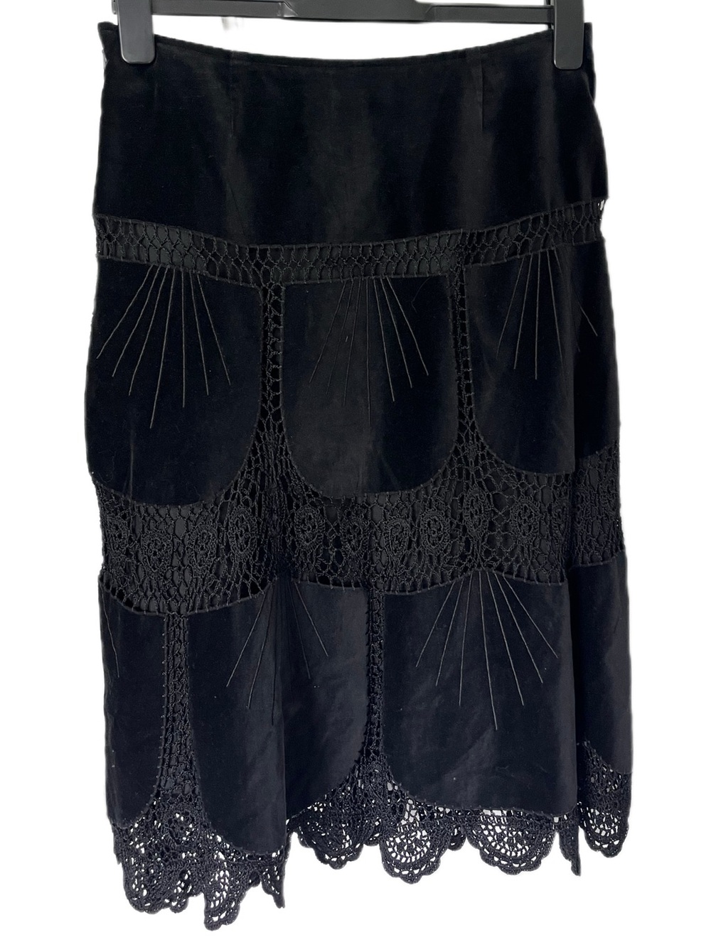 Vintage Y2K Le Château Black Crochet Panel Midi Skirt Boho Goth Romantic Lace